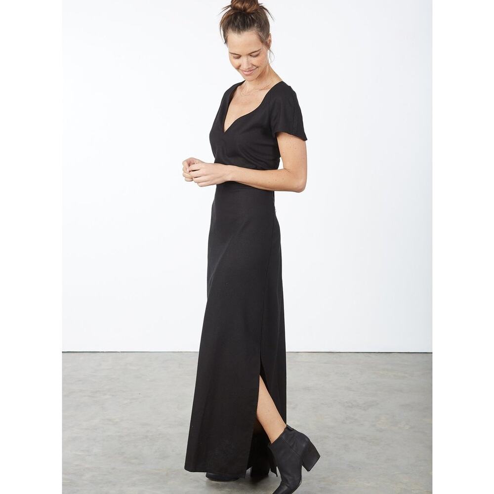 Ali Golden Black V-Neck Raw Silk Maxi Dress Fair Trade Certified Slit Back-Small